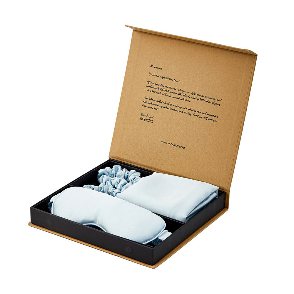 Silk Pillowcase with Eye Mask Gift Set - Light Blue