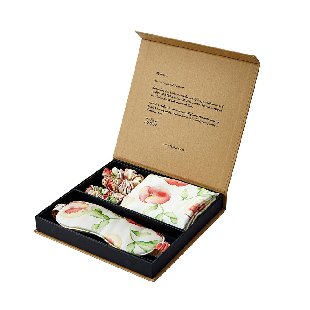 Silk Pillowcase with Eye Mask Gift Set - Peach Patterned