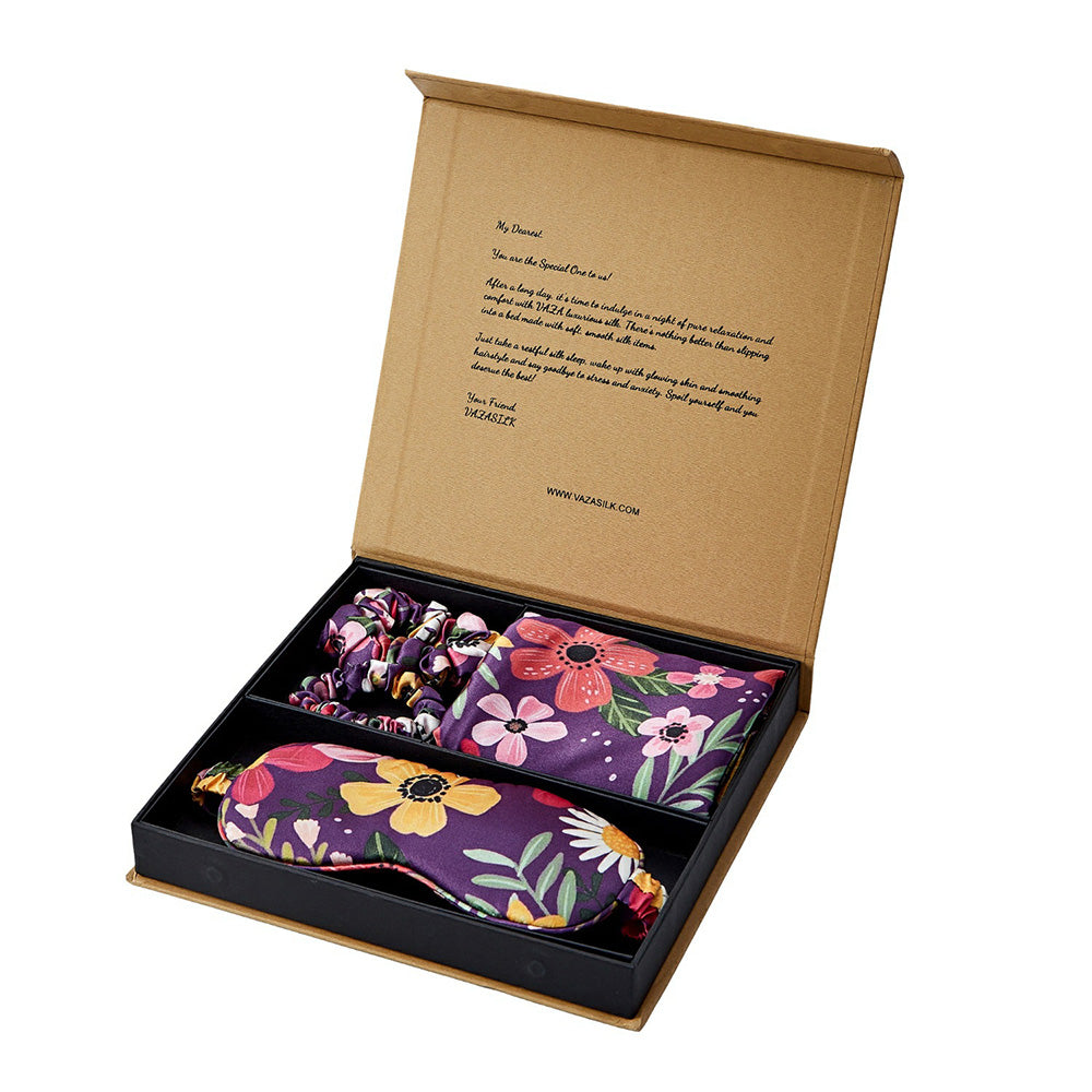 Coffret Cadeau Taie d'oreiller en Soie avec Masque pour les Yeux - Floral Violet