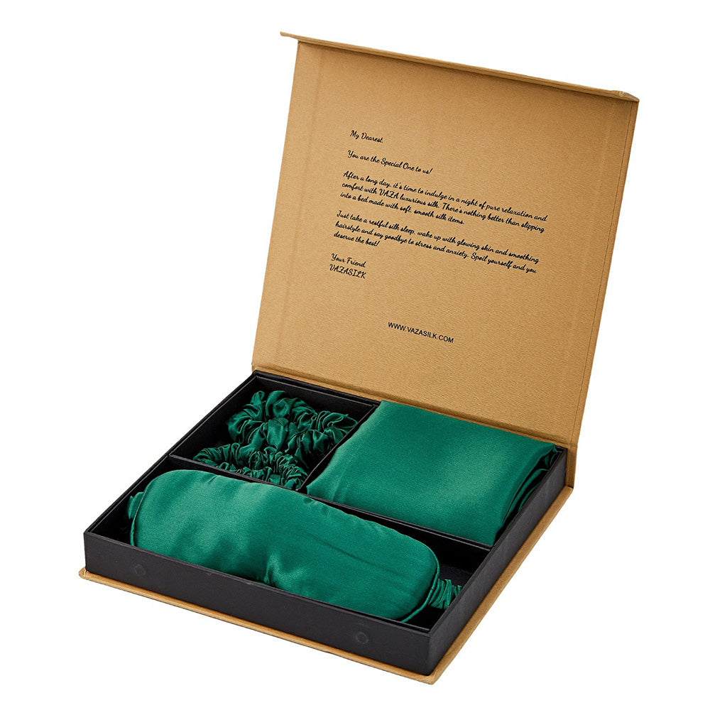 Silk Pillowcase with Eye Mask Gift Set - Dark Green