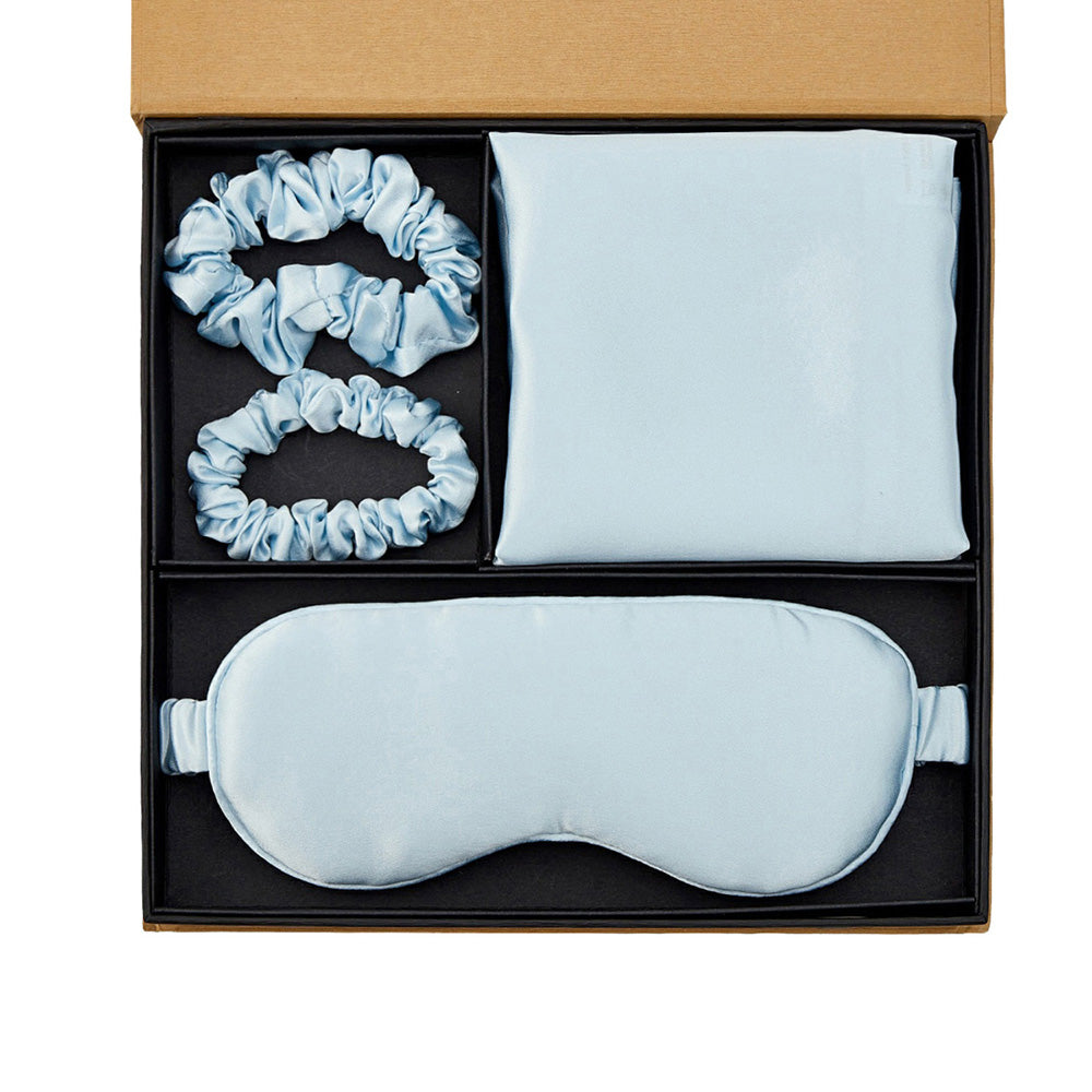 Seiden-Kissenbezug mit Augenmaske als Geschenkset - Hellblau