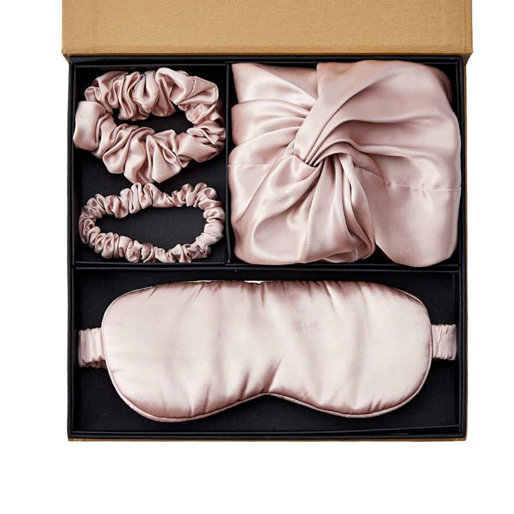Coffret Cadeau Bonnet en Soie avec Masque pour les Yeux - Rose Rosé