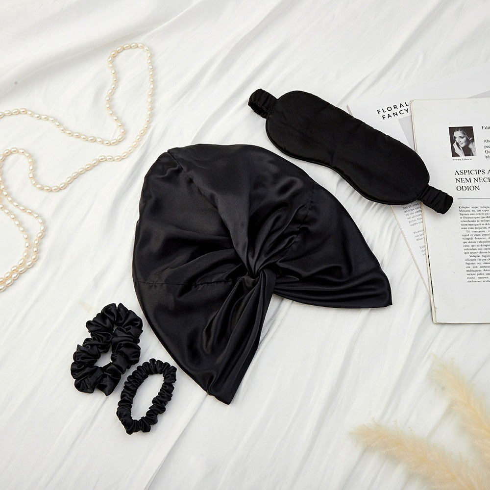 Silk Bonnet with Eye Mask Gift Set - Black