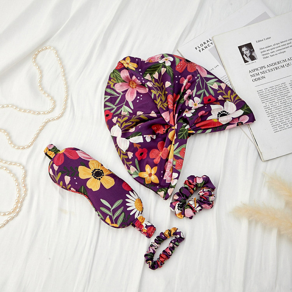 Silk Bonnet with Eye Mask Gift Set - Purple Floral