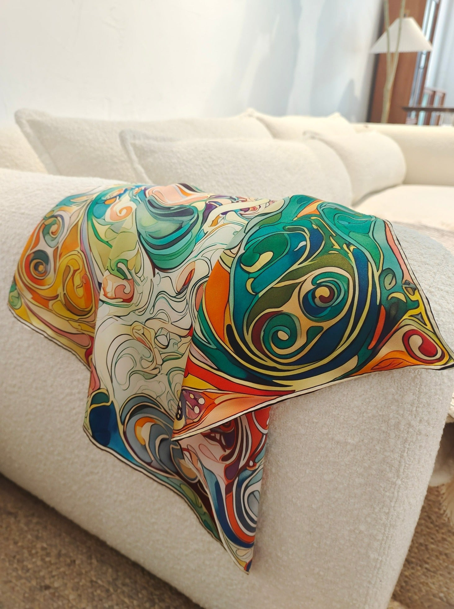 Rhapsody in Silk: Vibrant Abstract-Print Pure Silk Scarf