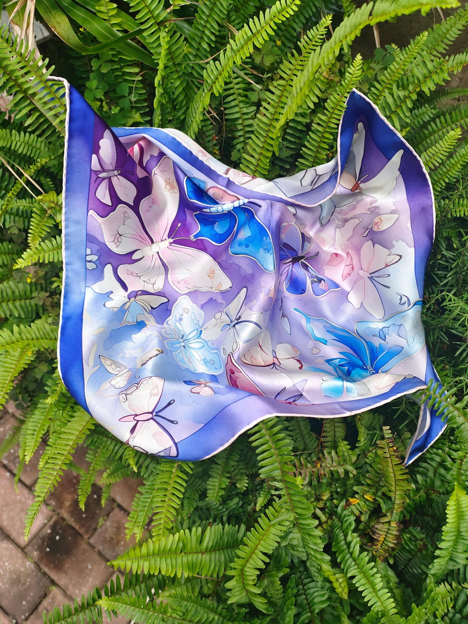Ethereal Grace: Butterfly & Ice Flower Silk Scarf